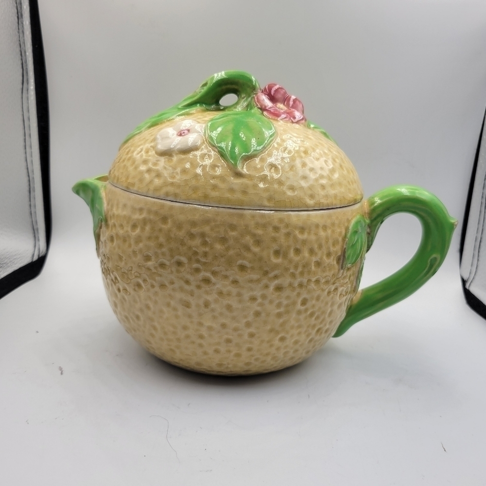 Vintage Mid Century Ceramic Lemon Pitcher and Lid in Yellow and Green Japan